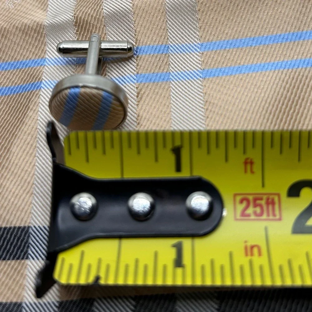 Mens Silvertone Cuff links Tan Blue Striped‎ Fabric
